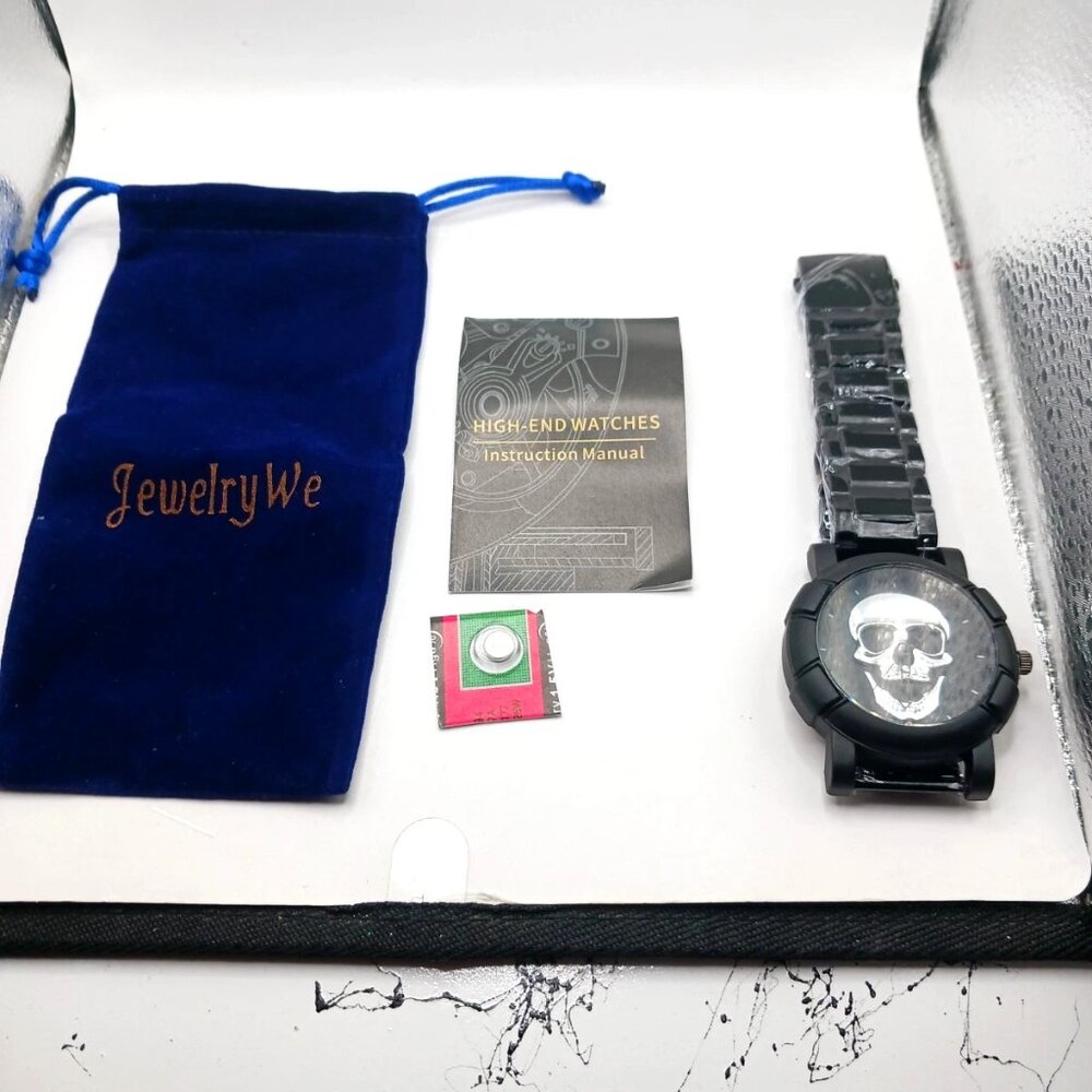 Men's Skull Black + Silver Quartz Watch With Black Metal Band New